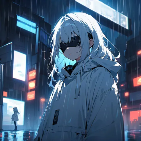 "A mysterious, young anime-style character with spiky white hair, wearing a blindfold, standing in a dark, rainy urban setting at night. The character is wearing a white hoodie, and the scene has a cool blue and white color scheme. The background features ...