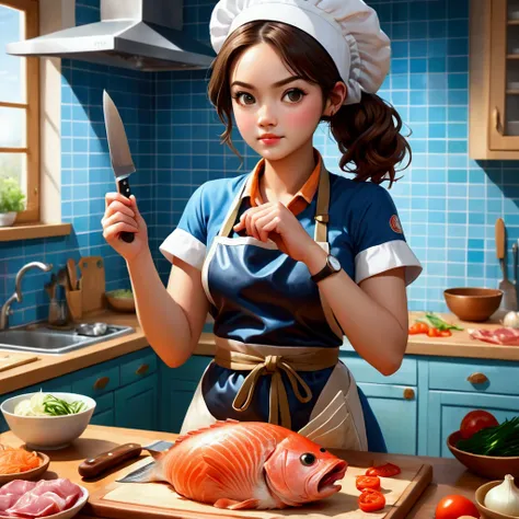 cutting board,knife,kitchen,food,watch,kitchen knife,1girl,apron,solo,indoors,holding knife,onion,holding,fingernails,bowl,meat,cut fish meat,sashimi,