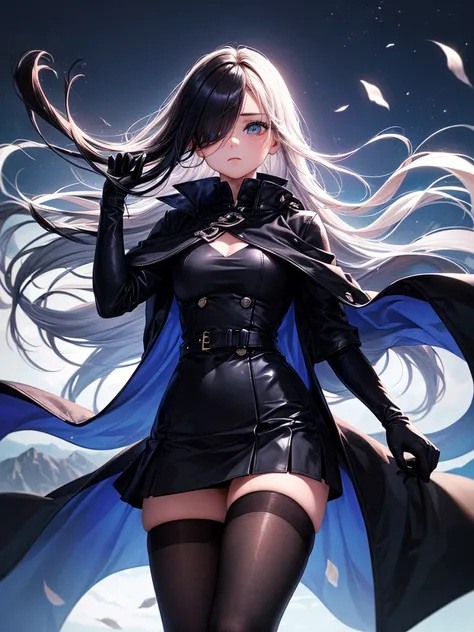 ((Oriental Project)),((masterpiece)),((Highest quality)),((Fascinating)),((alone)),((Deep blue pupils)),((Looking up at the night view from the top of the hill)),((Beautiful Blue Eyes)),((Wearing a black coat)),((Wearing a black mini skirt,She is wearing b...