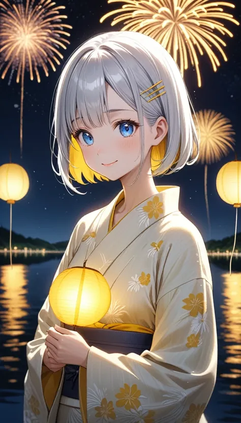 standing in front of a lake with fireworks, Silver bob hair with golden inner color and blue eyes、A cute character wearing a plain yellow yukata with a white obi。There is a yellow hairpin in her hair.、smile。Light up your face in a dimly lit atmosphere。Emot...