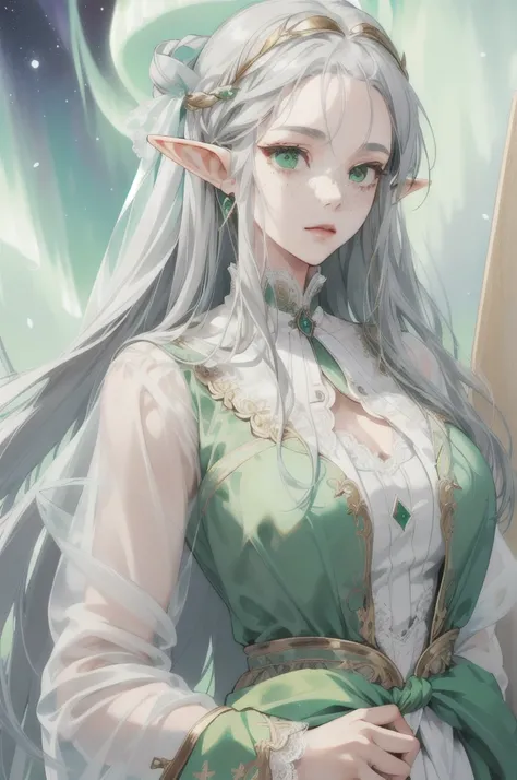 (Absurd, High resolution, Super detailed), (One girl:1.3),whole body、Character portrait、Elf、Gray Hair、Hair that shines like the aurora、Long Hair、Droopy eyes、Emerald green eyes、freckles、White lace that hides the eyes、Goddess-like white attire、Gold Accessori...