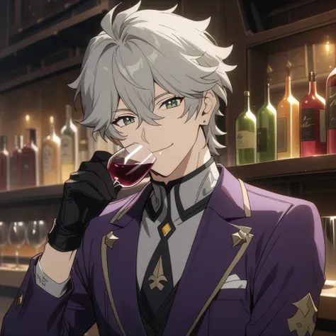 wise from zenless zone zero, 1boy, drinking wine, light grey hair, souma shiki hair, dark green eyes, handsome face, purpurple s...