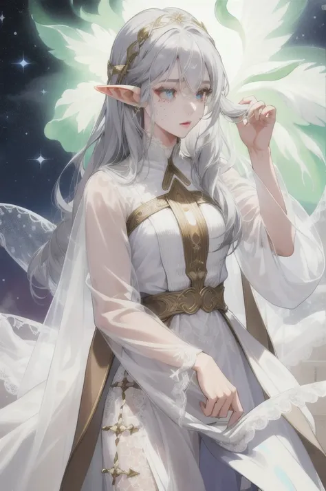 (Absurd, High resolution, Super detailed), (One girl:1.3),whole body、Character portrait、Elf、Gray Hair、Hair that shines like the aurora、Long Hair、freckles、White lace that hides the eyes、Goddess-like white attire、Gold Accessories、