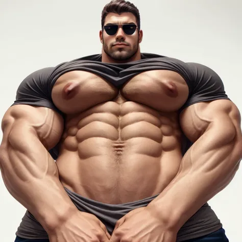 brutalmass, upshot pecs, a very handsome young man, sunglasses, gray shirt, exaggeratedly muscular, on a white background