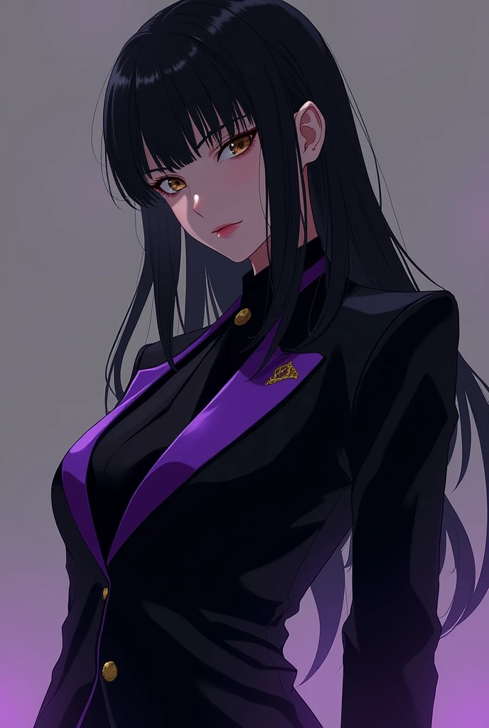 A nice looking anime character that looks bad and dangerous with medium long black hair and light brown eyes with a mashle style suit in the color of the character&#39;s suit black with purple that matches the hair style of Raine Ames