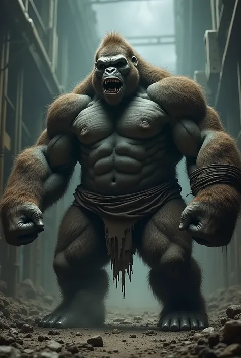 
**"A hyper-realistic, highly detailed depiction of an enormous, muscular gorilla-like creature standing in a powerful stance. The creature has an intense, fearsome expression, with clenched fists and bulging veins across its thick, fur-covered body. The b...