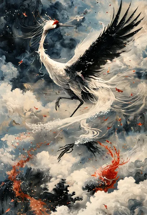 Ink, Crane, cloud, wing, I am, outdoors, feathered wing, sky, petal,oil paint
