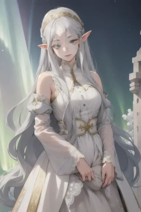 (Absurd, High resolution, Super detailed), (One girl:1.3),whole body、Character portrait、Elf、Gray Hair、Hair that shines like the aurora、Long Hair、freckles、Lace blindfold to hide the eyes、Goddess-like white attire、Gold Accessories、