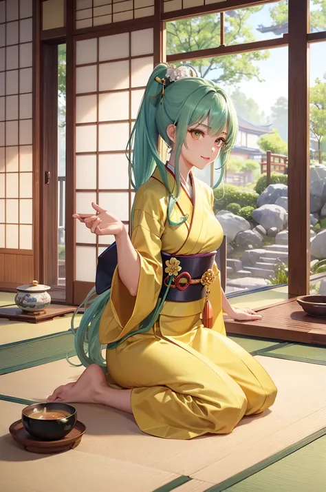 (japanese tea ceremony style) (Seiza tea ceremony), (With both hands holding a detailed biggest japanese Traditional ceramic tea cups) (solo:2, 15 yo) (beautiful detailed ponytail) (beautiful pastel color green hair long hair) (immensely cute girl) (immens...