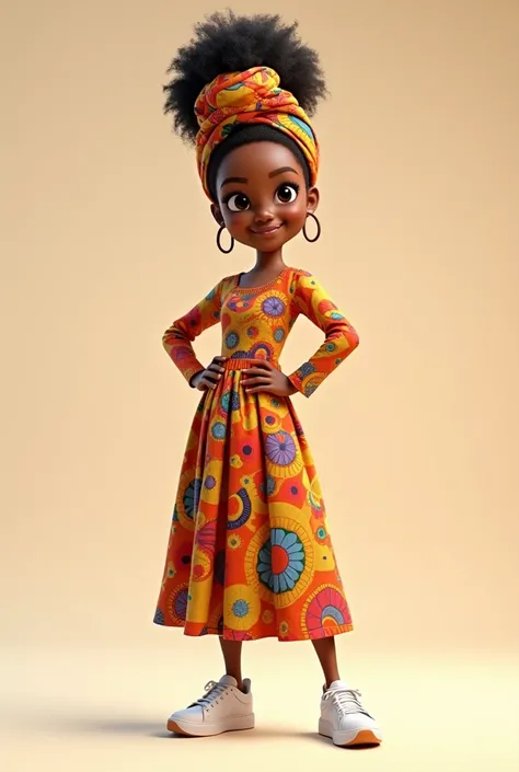 A highly detailed 3D African American woman. Wearing a beautiful long sleeves multi colored dress with sneakers. She has an African turban on the head. Full body image. Pixar, Disney like. Plain background. A kids influencer