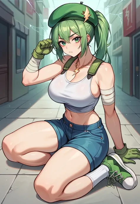 alone, female, light skin, 20 years old, green ponytail hair, green bandage on right arm, dark green gloves, dark green eyebrows, dark green eyes, dark green eyelashes, dark green beret, lightning necklace, bare top, closed mouth , blue shorts, long green-...