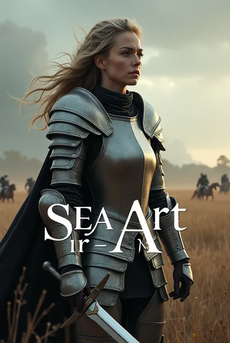 A movie poster depicting a female knight wielding a sword on a battlefield with the words "SeaArt x infinity" written in large letters in the center,