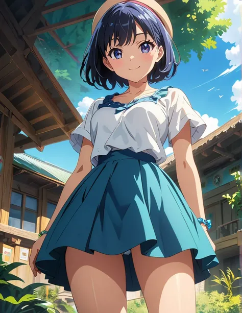 (anime artwork, anime style, studio anime, very detailed, up to date, vibrant, Anime Coloring, high contrast, masterpiece:1.2, best quality, best aesthetics),1 girl, Medium chest, A glimpse of thighs,zoological garden,happy, smile, summer clothes, hat,