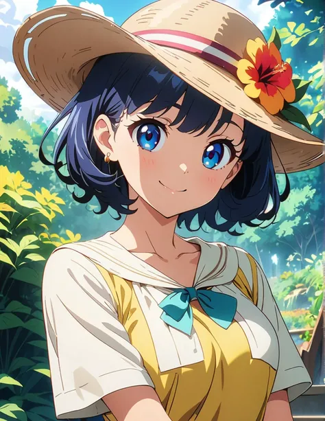 (anime artwork, anime style, studio anime, very detailed, up to date, vibrant, Anime Coloring, high contrast, masterpiece:1.2, best quality, best aesthetics),1 girl, Medium chest, A glimpse of thighs,zoological garden,happy, smile, summer clothes, hat,