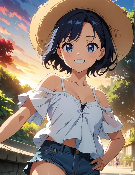 (anime artwork, anime style, studio anime, very detailed, up to date, vibrant, Anime Coloring, high contrast, masterpiece:1.2, best quality, best aesthetics),1 girl, Medium chest, A glimpse of thighs,zoological garden,happy, smile, summer clothes, hat,