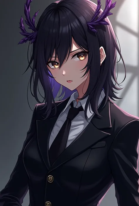 A nice looking anime character that looks bad and dangerous with medium long black hair and light brown eyes with a mashle style suit in the color of the character&#39;s black suit with purple Lance Crown hair style and who is honored 