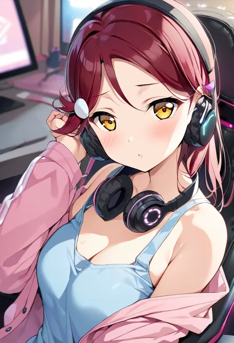 masterpiece, best quality, sakurauchi riko love live, yellow eyes, romantic,blue tank top,pink jacket, headphones,detailed face,...