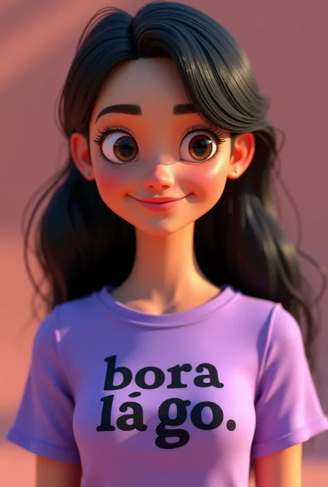 Woman 3D animation with black hair in Pixar style, wearing a purple shirt with black writing that says bora lá go 