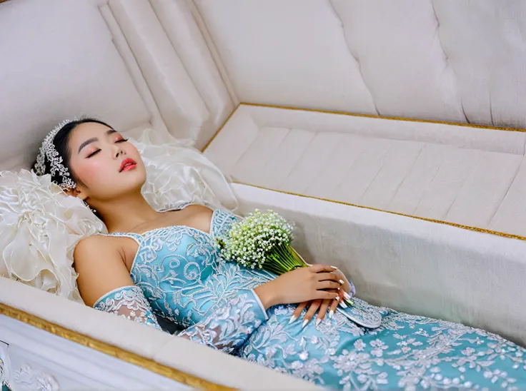 in a striking 8k hdr scene, a stunning korean woman, 22 years old, lies peacefully in a long coffin and coffin lid beside the de...