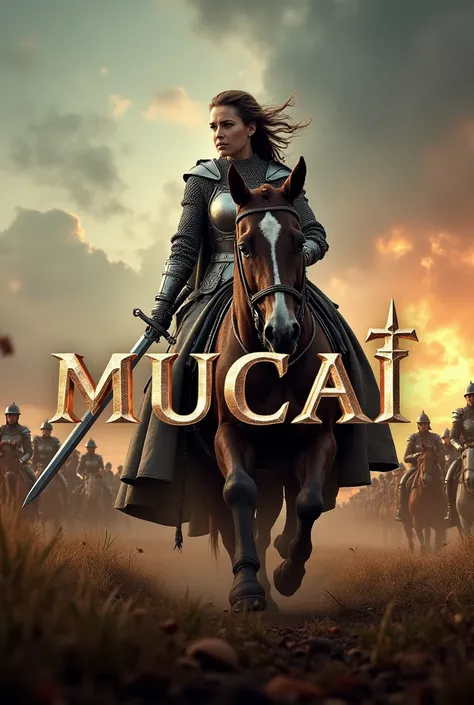 A movie poster depicting a female knight wielding a sword on a battlefield with the words "MUCAI " written in large letters in the center,