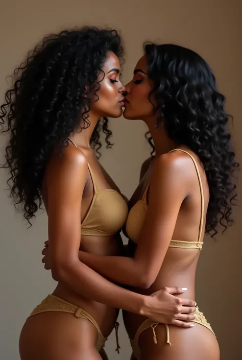 Two arab girls kissing and caressing each other, big breasts, big ass, black curly hair, full body pose