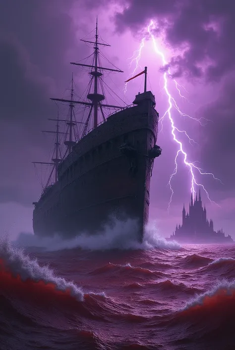 Huge old evil ship in red sea with purple sky and purple thunderstorms and evil citadel in background 
