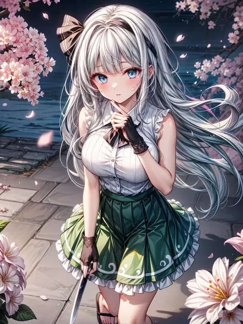 konpaku youmu, konpaku youmu, Oriental Project, Oriental Project, Oriental Project, whole body, Top View, Focus on the eyes, With sword, Sweat drops, girl, teenage girl, Messy white long hair, Messy Hair, Air Van, Grey Hair, Hair blowing in the wind, Ridic...