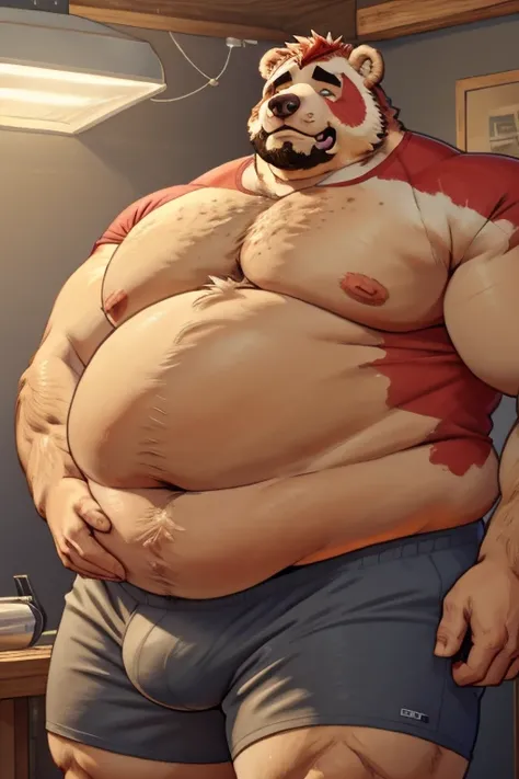 Furry bear,  fat, 40 yo, in underpants, red haired, covered in a lot of big freckles, In underpants, extremely huge belly, extremely fat ( 1000 lb: 1.1 ), realistic, huge bloated body, absolutely huge stomach, extremely huge belly, extremely huge bloated b...