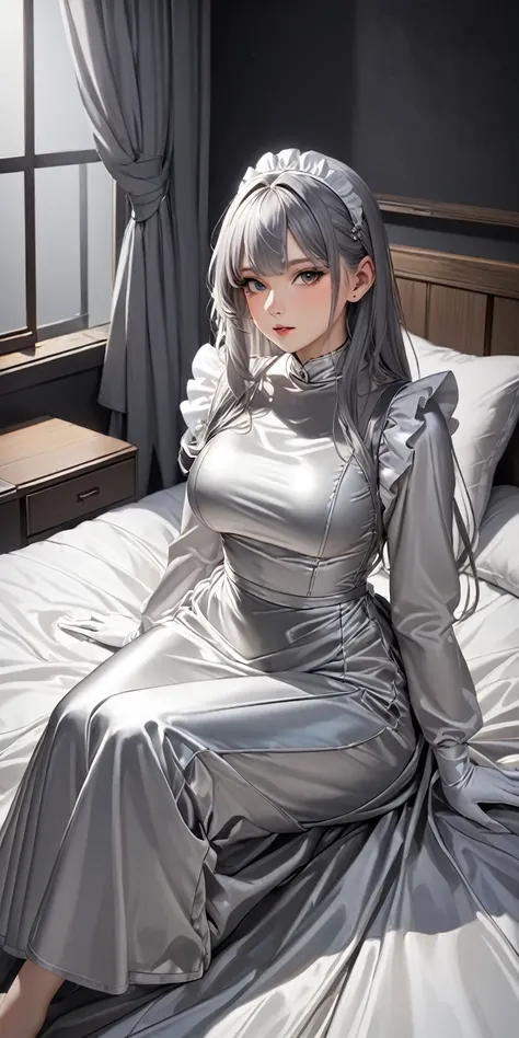 Portraiture、(masterpiece,Highest quality,Ultra-high resolution),Japanese women,breasts are slightly larger、 (((Very beautiful 25 year old girl)))、(She is wearing a shiny light silver satin long sleeve maid outfit)、The dress has a simple design without any ...