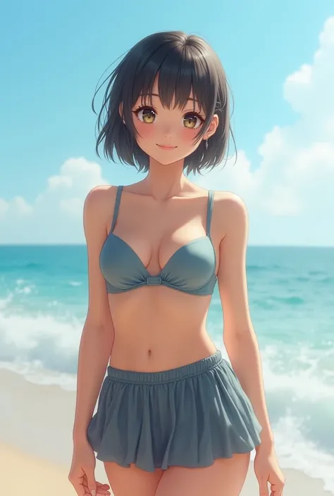 the highest quality, masterpiece, (Realistic:1.4), Raw photo,(12yo_girl:1.5),(thighs_shot:1.3),(school_summer_skirt:1.5),(bra:1.3),(flat_chest:1.3),smile,bangs,beach,ocean,short_hair,standing