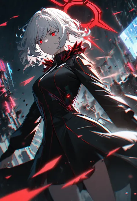 1girl, white hair, wild hair, red eyes, (white eyelashes:1.2), emotionless, red glow halo, mature, black coat, short hair, (chromatic aberration:1.2), reality break, destruction city, solo, (evil godness:1.2), digital dissolve, dynamic pose