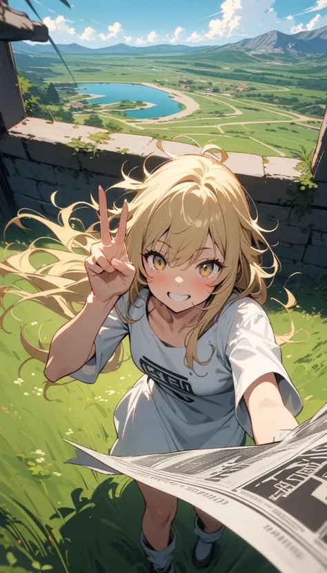 ((best quality)) , ((masterpiece)) , (detailed),Asuna Yumura from Kyo Staffords "Sınızen no Eisetsu" in a white t shirt with the word O书法家 on it, smiling and doing a peace sign pose, posing against a wall of colorful newspaper clippings, with long blonde h...