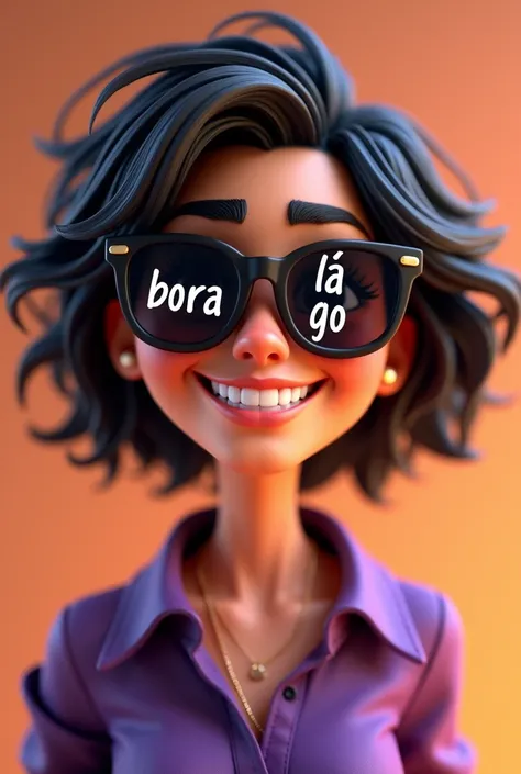 3D animated woman with short black hair in Pixar style, wearing a purple and black shirt, sunglasses that say bora lá go in Portuguese, and smiling