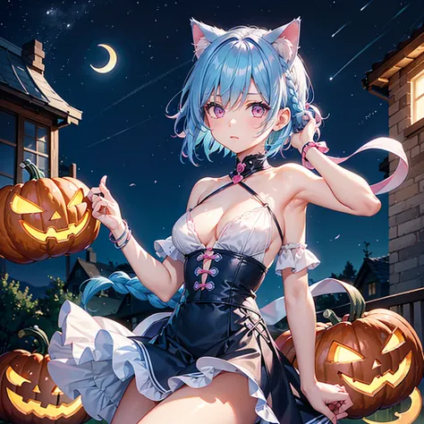 (Sky blue hair),(Braided short hair), (Pink Eyes),Fair skin) ,(whole body),(One Girl),(Crescent Moon),(There are lots of pumpkin ghosts in the background),Cat ear,Cat&#39;s Tail,(Sailor suit),(Ahegao),(Fall into Darkness),If you dont give me sweets, Ill pl...