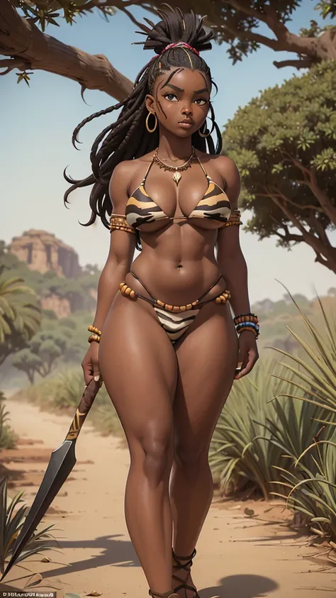 (((Jackie Parris))), (((Simon Bisley))), (((Frank Frazetta))), ((((absurdists))), (((best quality))), (((masterpiece))), thicc curvy wide hipped 25-year-old African woman, Zulu warrior of the middle ages, war paintings by body, perfect and proportional bod...