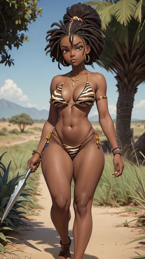 (((Jackie Parris))), (((Simon Bisley))), (((Frank Frazetta))), ((((absurdists))), (((best quality))), (((masterpiece))), thicc curvy wide hipped 25-year-old African woman, Zulu warrior of the middle ages, war paintings by body, perfect and proportional bod...