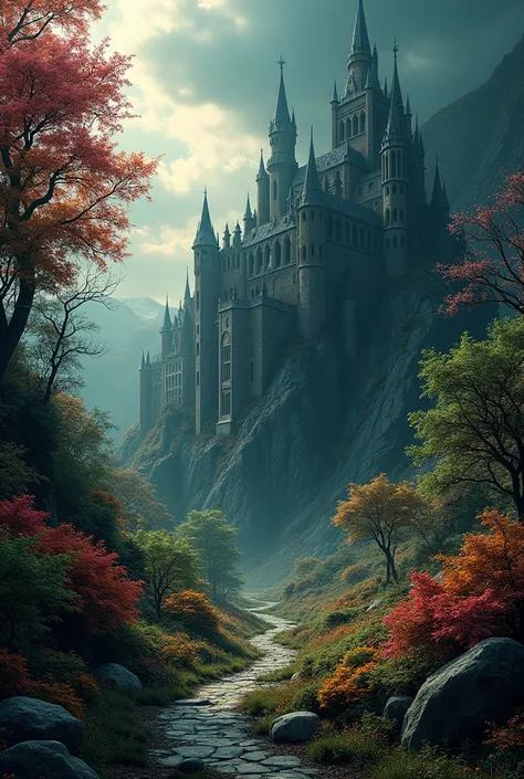 Half of the forest with colour fullness other half filled with drakness and a dusty castle 