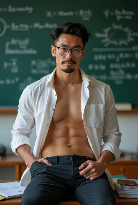 Asian man ,(hot,sexy,attractive:1.2),hunky male professor with hairy muscles,button-up shirt torn open,suit pants,full,thick,wear shirt, open chest shirt, showing off body, toned abs and full chest,big dick,pubic hairs, clean-shaven with neatly cut,sitting...