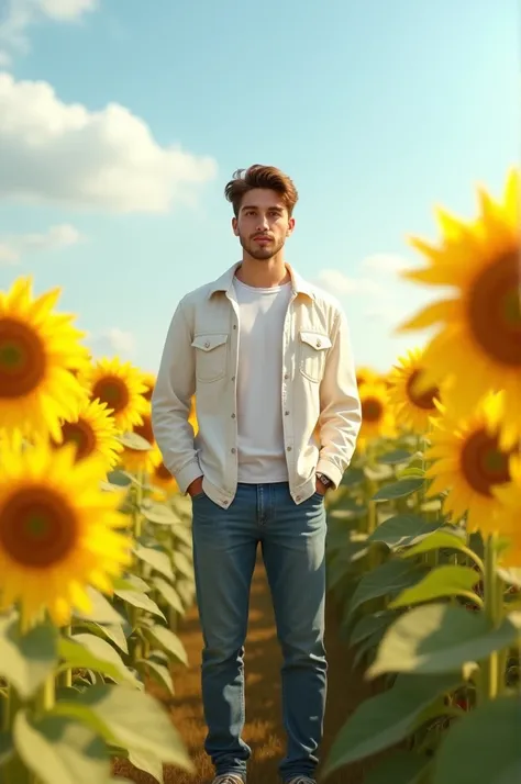 Denim pants, white T-shirt, white jacket, young man, sunflower field