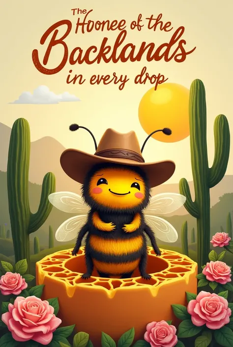 
"Draw an ultra realistic Africanized bee , with a cowboy hat, inn in a honeycomb. The bee should have a friendly smile and folded wings, transmitting tranquility. Ao fundo, a stylized saw, with the sun rising, pink flowers, roxas, white and yellow , carna...