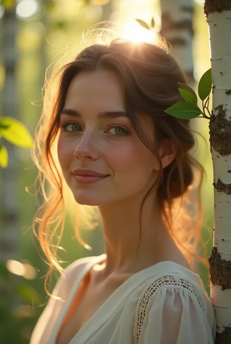 The beautiful woman looks with maternal love and tenderness,and smiles,and a summer birch forest appears around her,and a ray of sunshine illuminates the womans hair. 