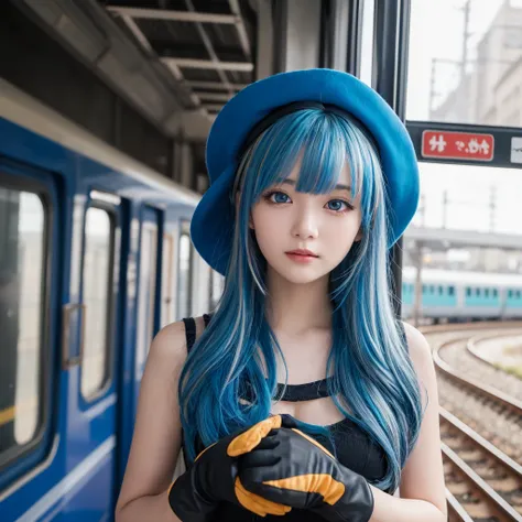 masterpiece, Highest quality, so beautiful, Absurd, One girl, mature_Lady, ,One girl, Furina (Genshin Impact), Genshin Impact, blue eyes, Blue Hair, Long Hair, Multicolored Hair, Have, Ahoge, gloves, Gray Hair, top Have, Blue hat,By train,Blur the backgrou...