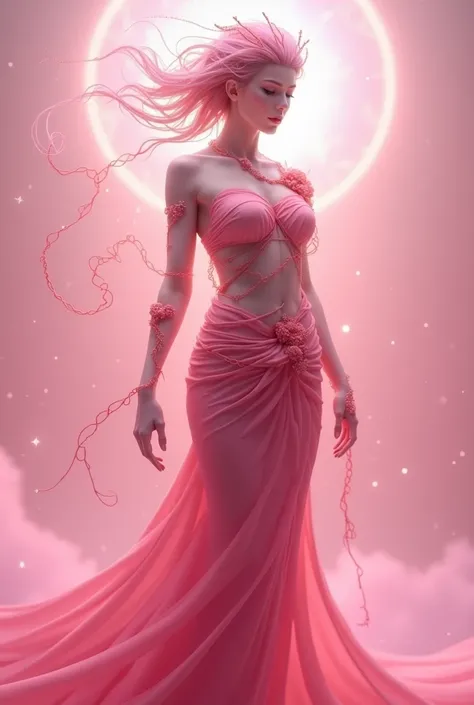 what apasra, pink dress, body wrapped in red threads, pink back ground