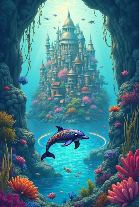 Create an illustration of a whimsical underwater city inhabited by colorful sea creatures. The city is built within a massive, transparent coral dome, with buildings made of iridescent shells and bioluminescent plants. In the foreground, a playful dolphin ...