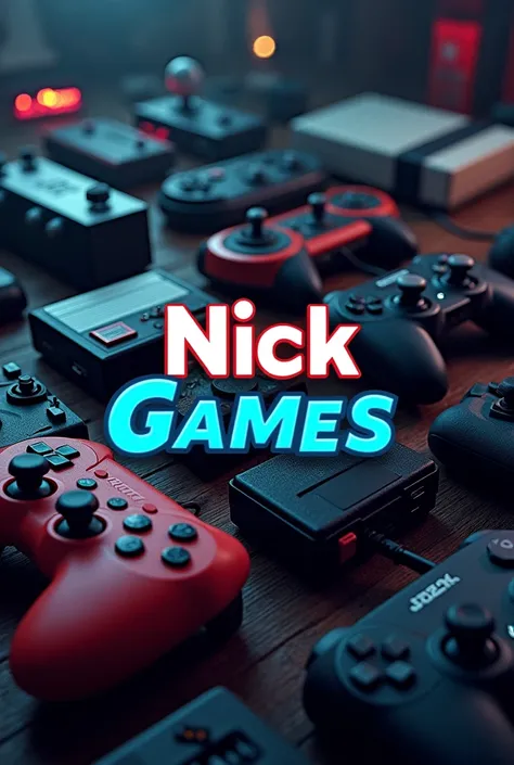 YouTube profile picture image of gamepads and the text Nick Games in the center in blue. The background should have games and consoles and should not look like a drawing. 


