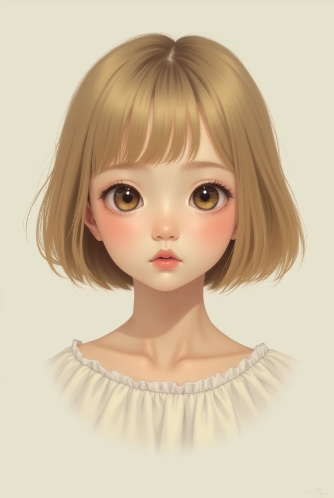 Round face, short bob, blonde hair, bangs, round eyes, straight nose, thin lips, pale skin, Japanese, real baby face