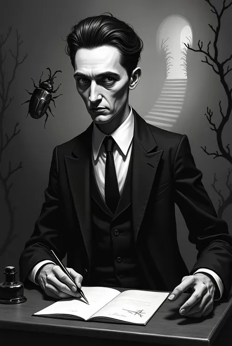 The picture shows Franz Kafka, an important writer of the 20th. Century, in a stylized black and white portrait. Hes wearing a suit, and his serious expression underlines his introspective nature. In the background you can see some symbolic elements from h...