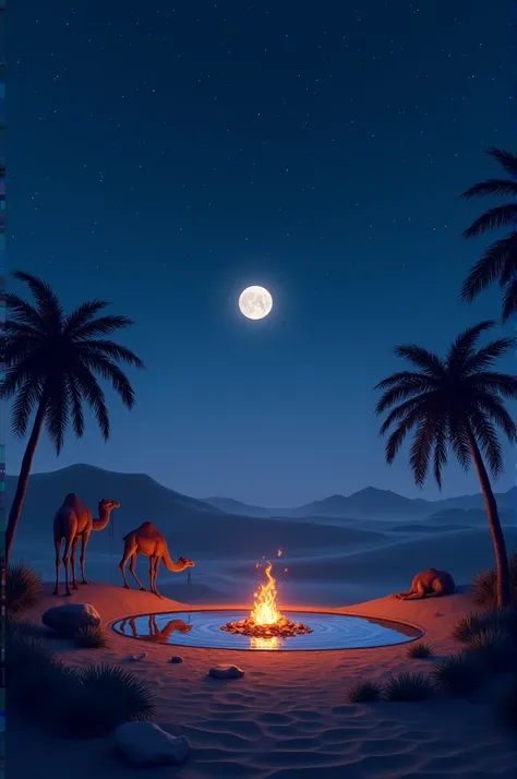 night view in the desert with a clear starry sky. In the foreground, there are silhouettes of palm trees and some camels resting. In the middle of the picture, there is an oasis with water that reflects the moonlight. Around the oasis, there was a small bo...