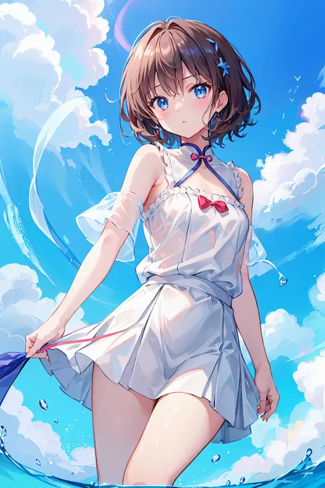 One Girl, Short brown hair, blue eyes, Hilarious, Wearing a plain white shirt, Short skirt, Small breasts，Flat chest，Hawaii，Waikiki Beach, Absurd, High resolution, Ultra Sharp, 8k, masterpiece, Looking at the audience，((Highest quality)), (Very detailed), ...