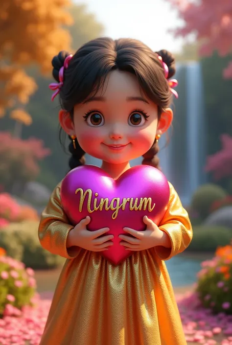 Create a very realistic image of a beautiful 3D little chubby young girl in a shiny bright gold dress holding a shiny bright magenta heart with 3D gold letters “NINGRUM” in cursive font., calligraphy letters, bright colorful garden background , colorful fl...